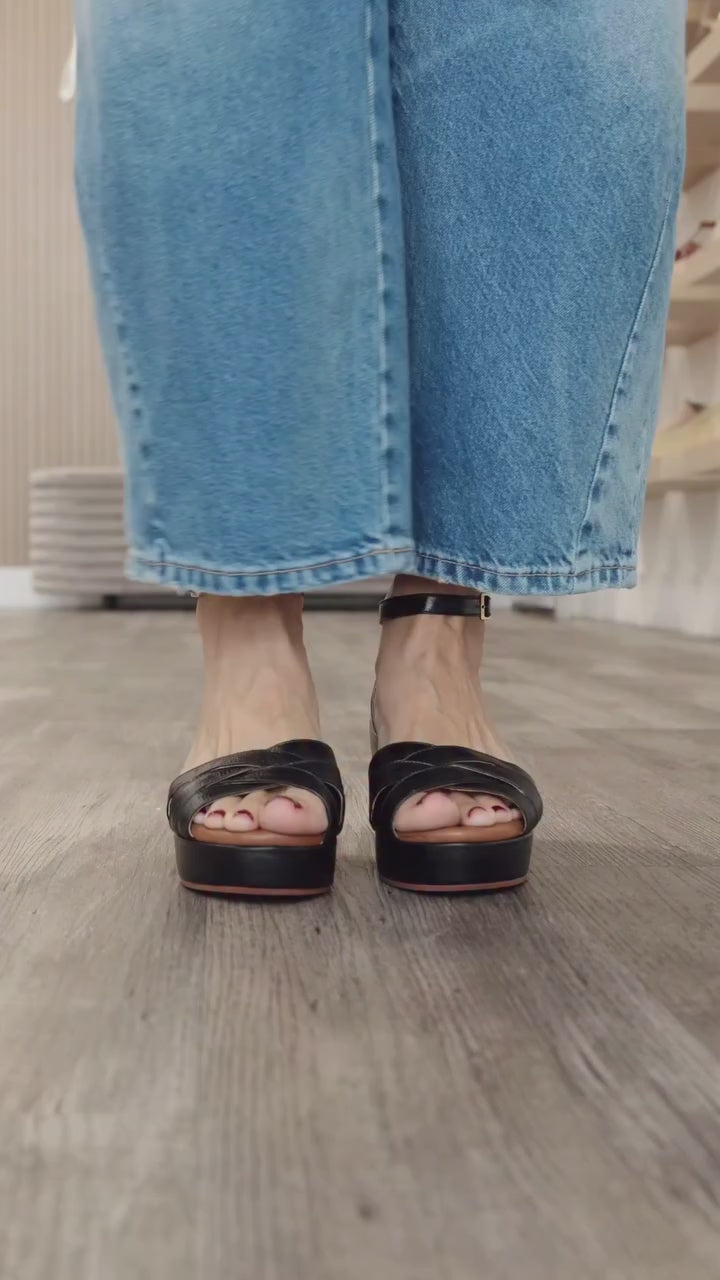Mercy Sandals Black - Low High by Nataly Mendez, Genuine Leather upper material, Genuine leather insole lining, Flexible rubber sole
Handmade, 2.8 inch high heel, 1.10 inch platform