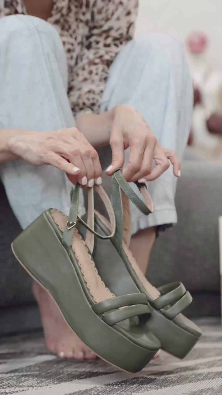 Reese Sandals - Green by Nataly Mendez, Genuine leather upper material, Leather insole lining, 2.75 inch heel height, 2.2 inch platform