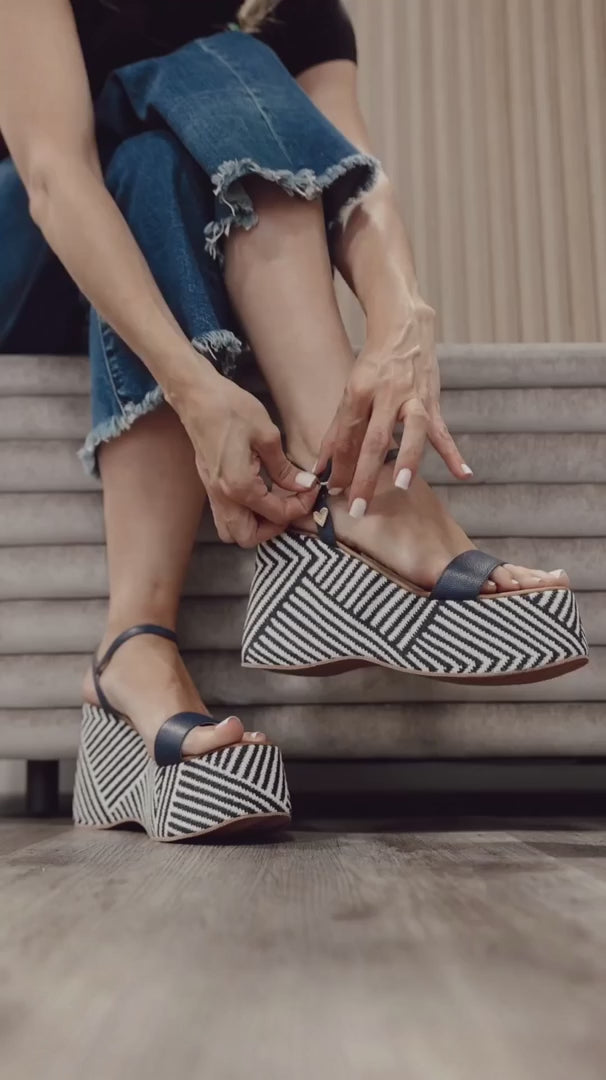 Olivia Blue Stripes Sandals by Nataly Mendez, Squared tip Genuine leather;upper material Fabric Lined Platform Genuine leather insole lining Flexible rubber sole Handmade 4 inch high heel 2 inch platform