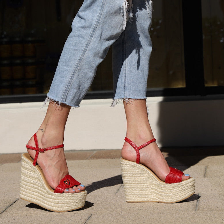 Amy Espadrilles Red by Nataly Mendez. Genuine leather upper material Genuine leather insole lining Flexible rubber sole Handmade 5.5 inch high heel 2.5 inch platform