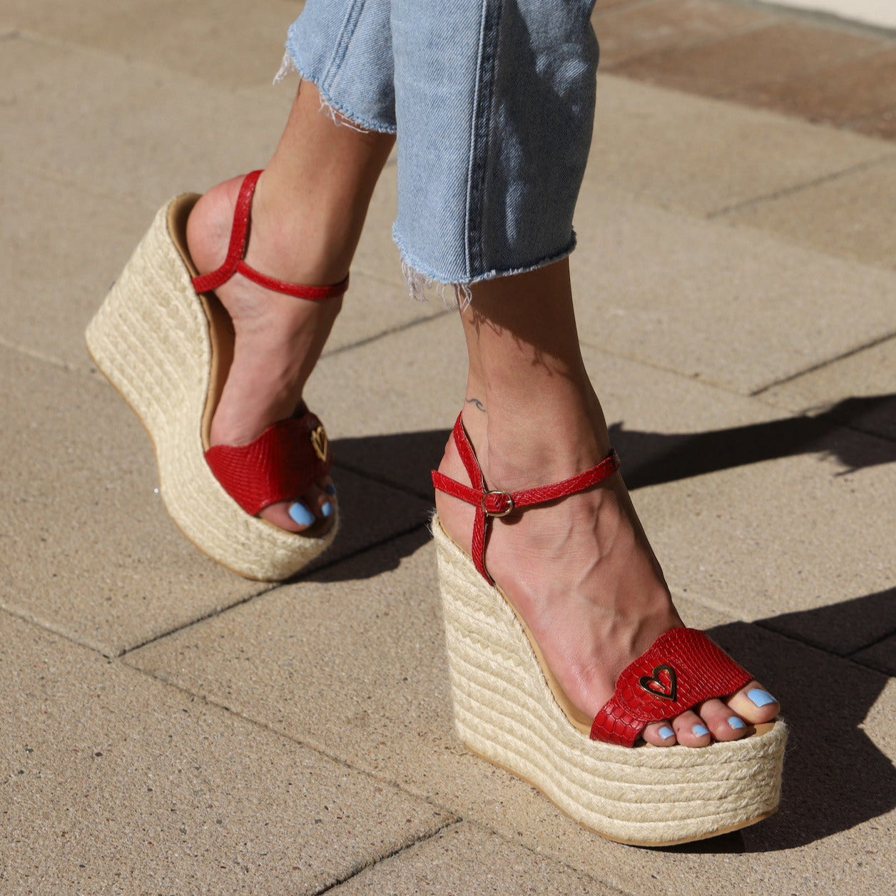 Amy Espadrilles - Red by Nataly Mendez, Genuine leather upper material Genuine leather insole lining Flexible rubber sole Handmade 5.5 inch high heel 2.5 inch platform