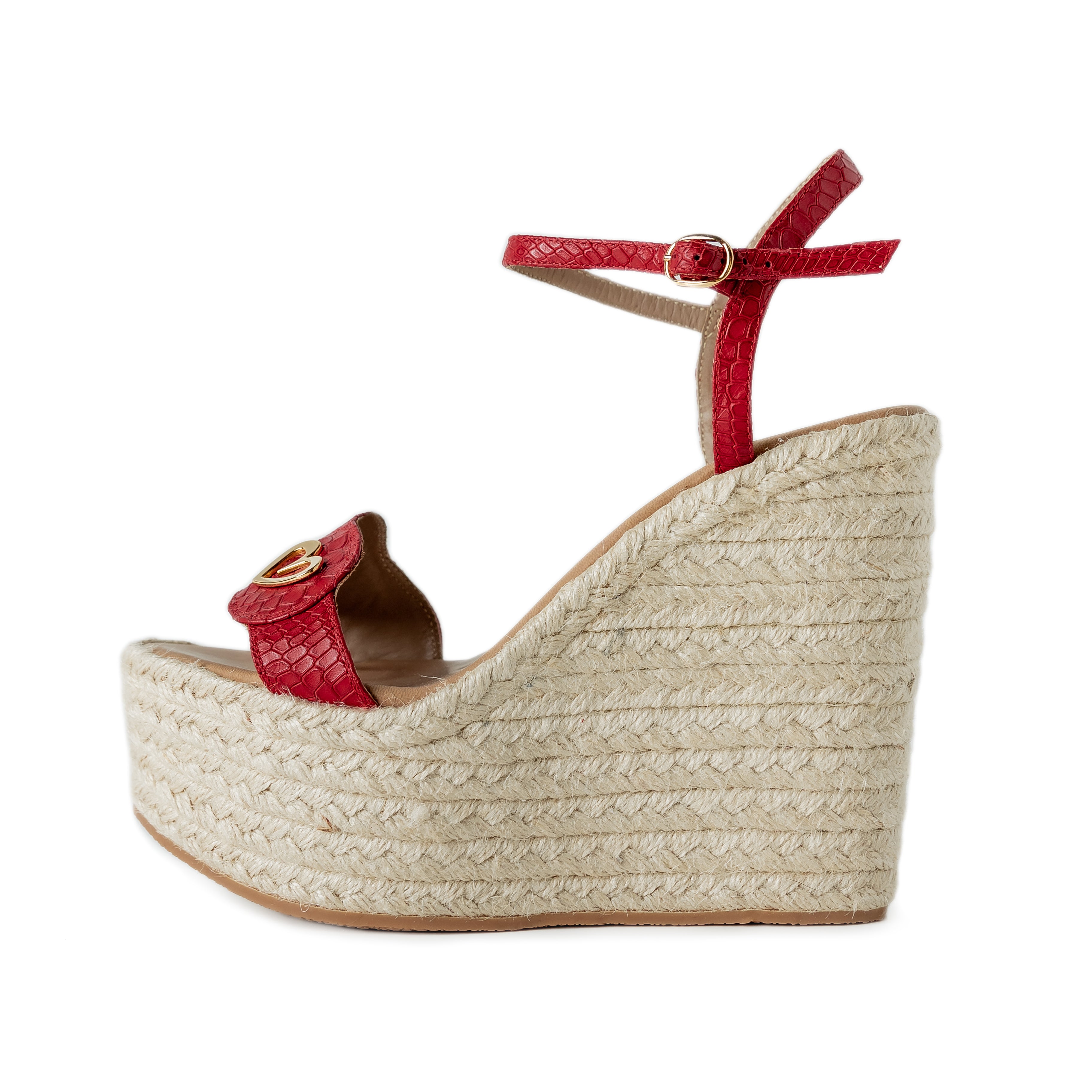 Amy Espadrilles - Red by Nataly Mendez, Genuine leather upper material Genuine leather insole lining Flexible rubber sole Handmade 5.5 inch high heel 2.5 inch platform