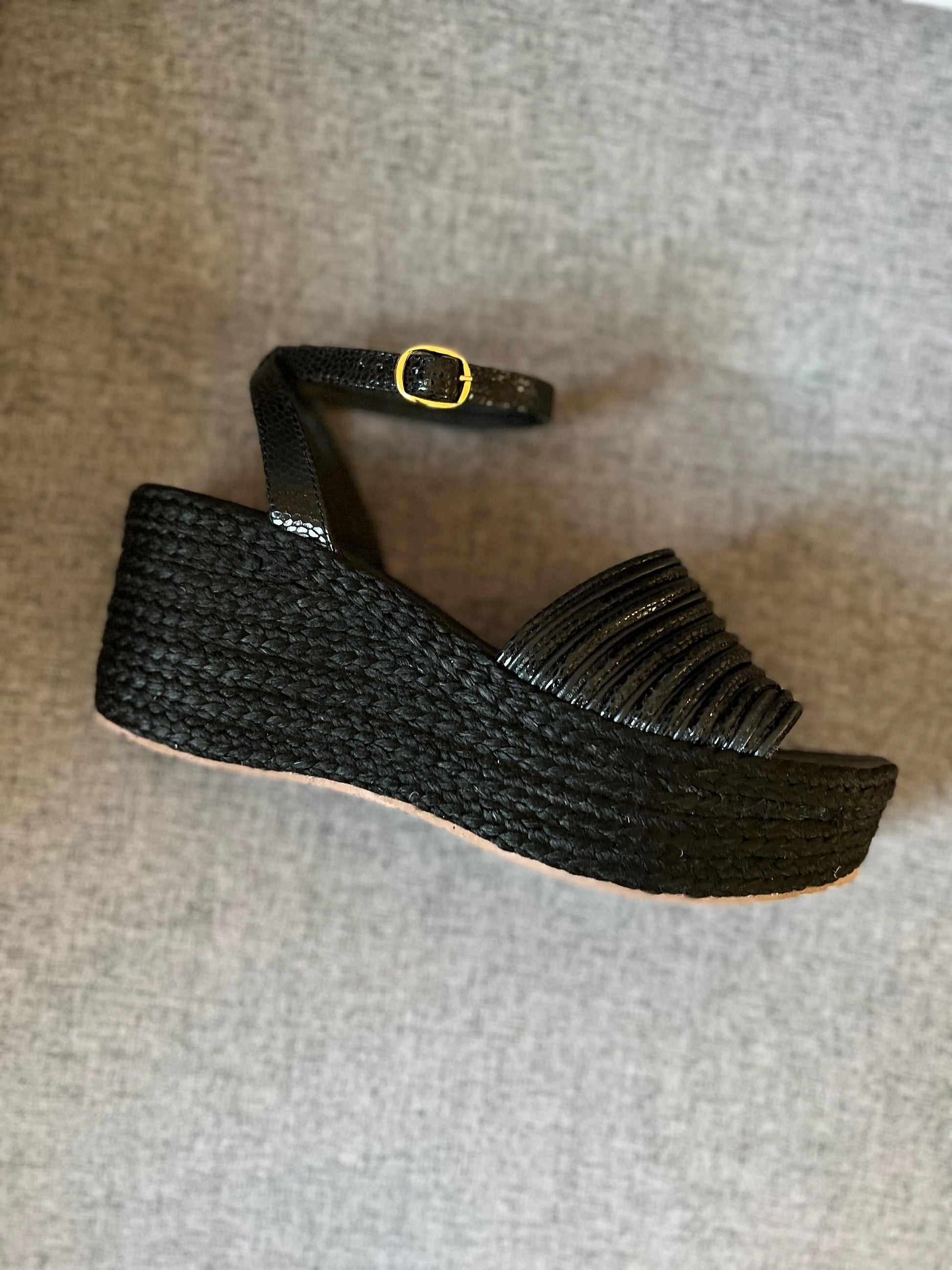 Black Holly Espadrilles Low High by Nataly Mendez Upper material genuine leather Insole lining made of leather Flexible rubber sole Hand Made 3 inch heel height 1.75 inch platform