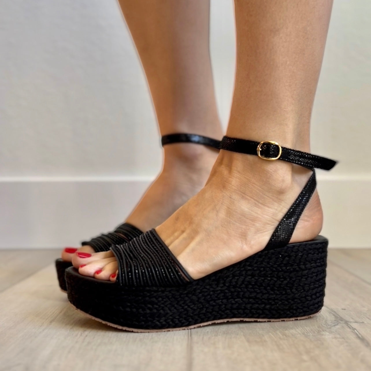 Black Holly Espadrilles Low High by Nataly Mendez Upper material genuine leather Insole lining made of leather Flexible rubber sole Hand Made 3 inch heel height 1.75 inch platform