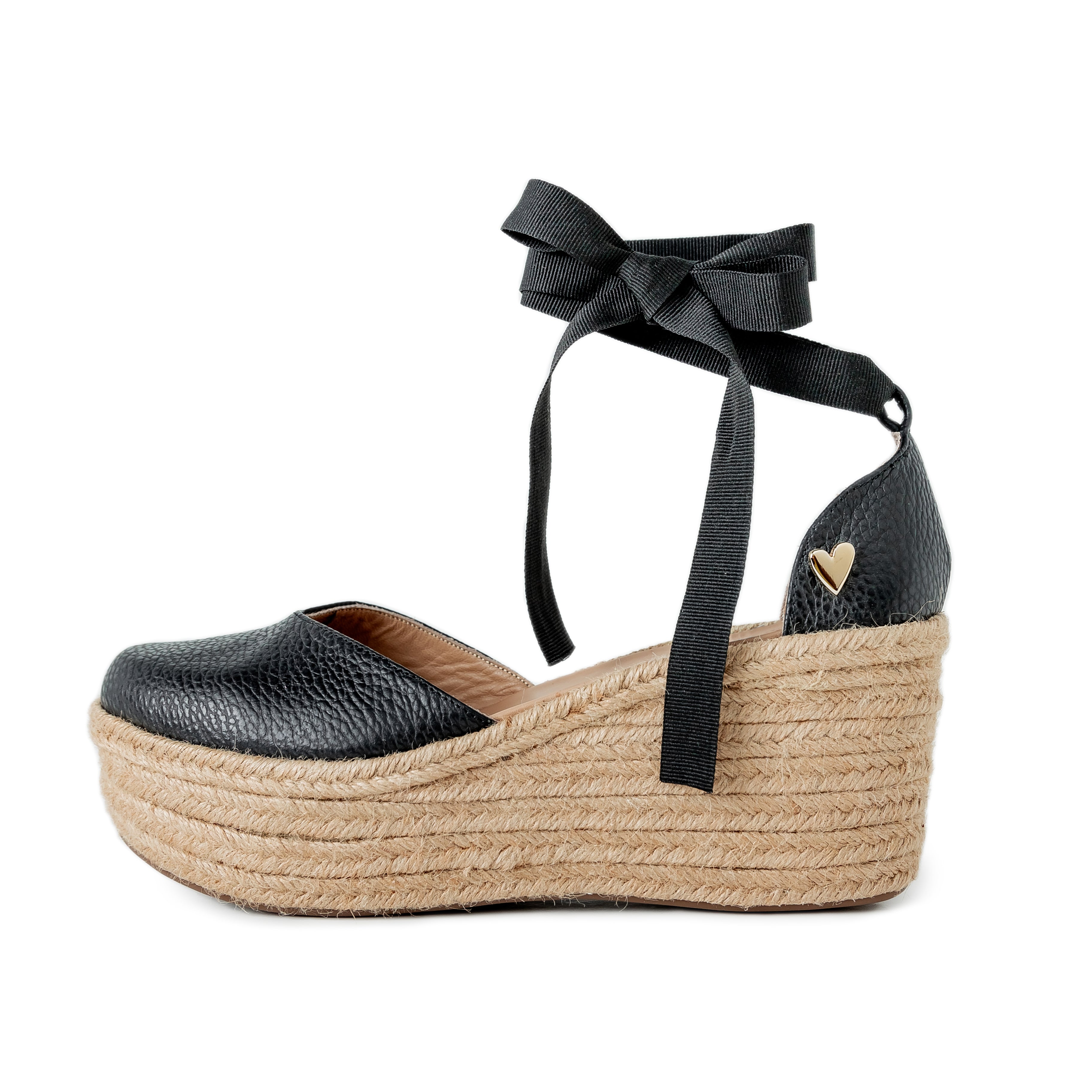 Black Leather Espadrilles - Low High by Nataly Mendez, Natural jute base Genuine leather upper Genuine leather insole. 3 inch heel height 1.75 inch platform Comes with strap closure and beige hiladilla laces.