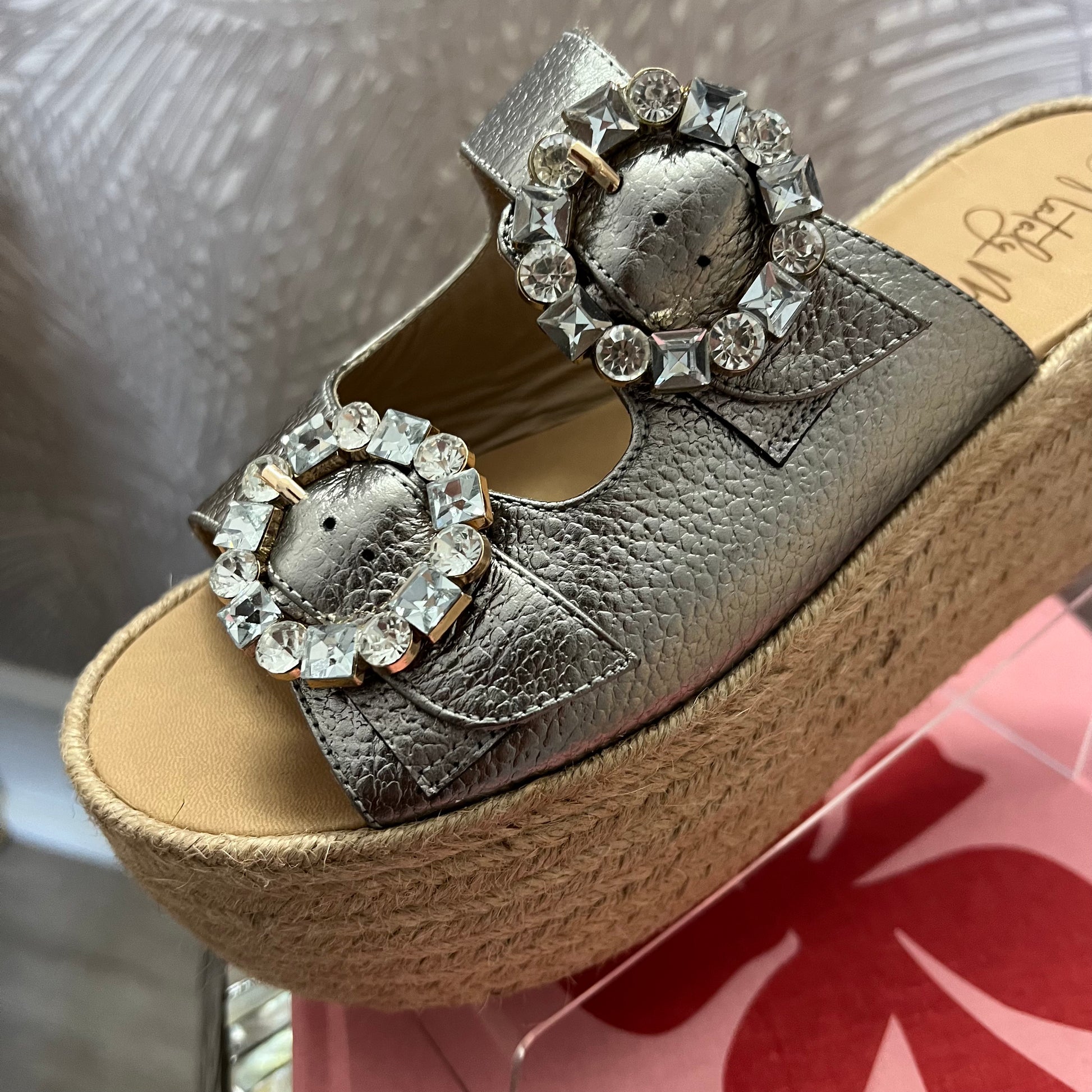Brooke Espadrilles Plomo by Nataly Mendez Its base is lined with natural jute Leather upper with ornament Genuine Leather Handmade 3-inch heel height 2.5 inch platform