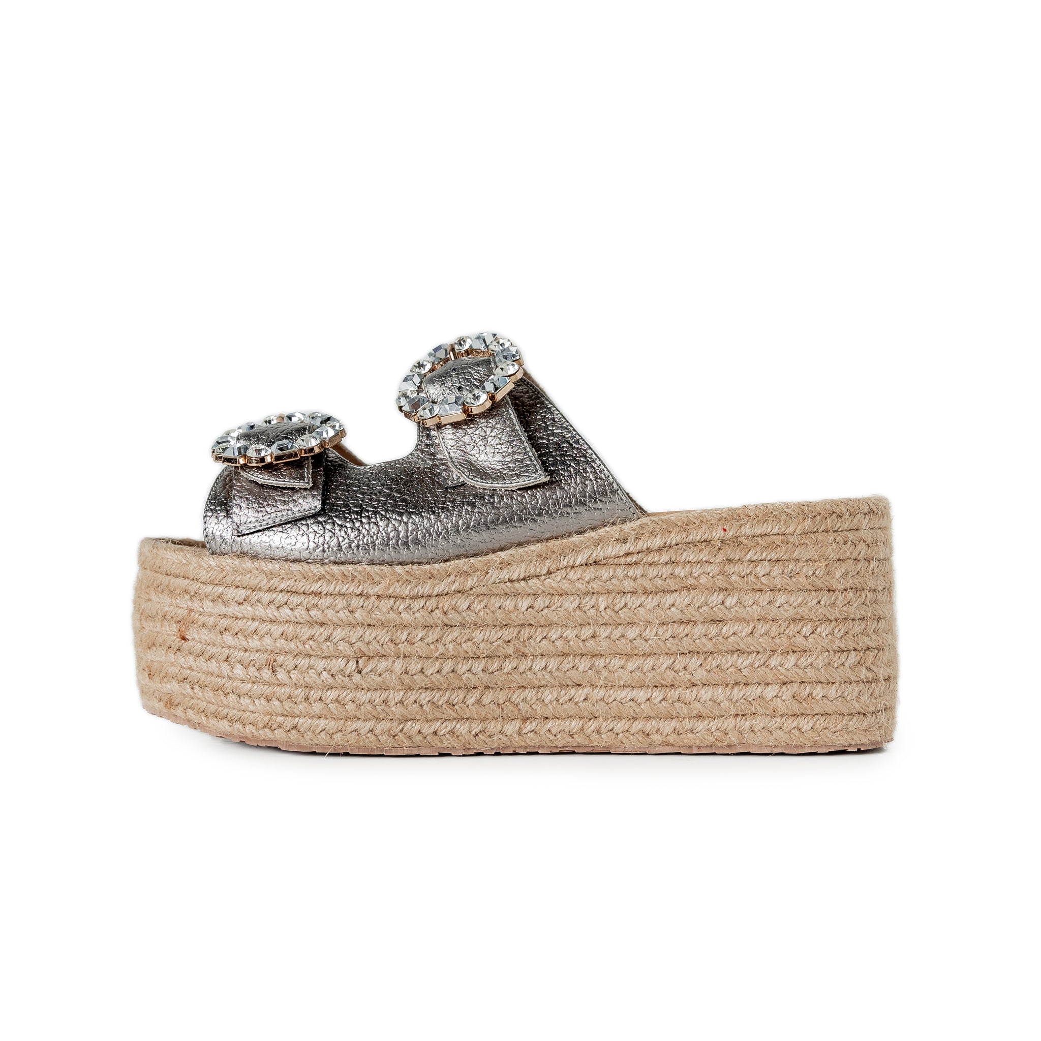 Brooke Espadrilles Plomo by Nataly Mendez Its base is lined with natural jute Leather upper with ornament Genuine Leather Handmade 3-inch heel height 2.5 inch platform