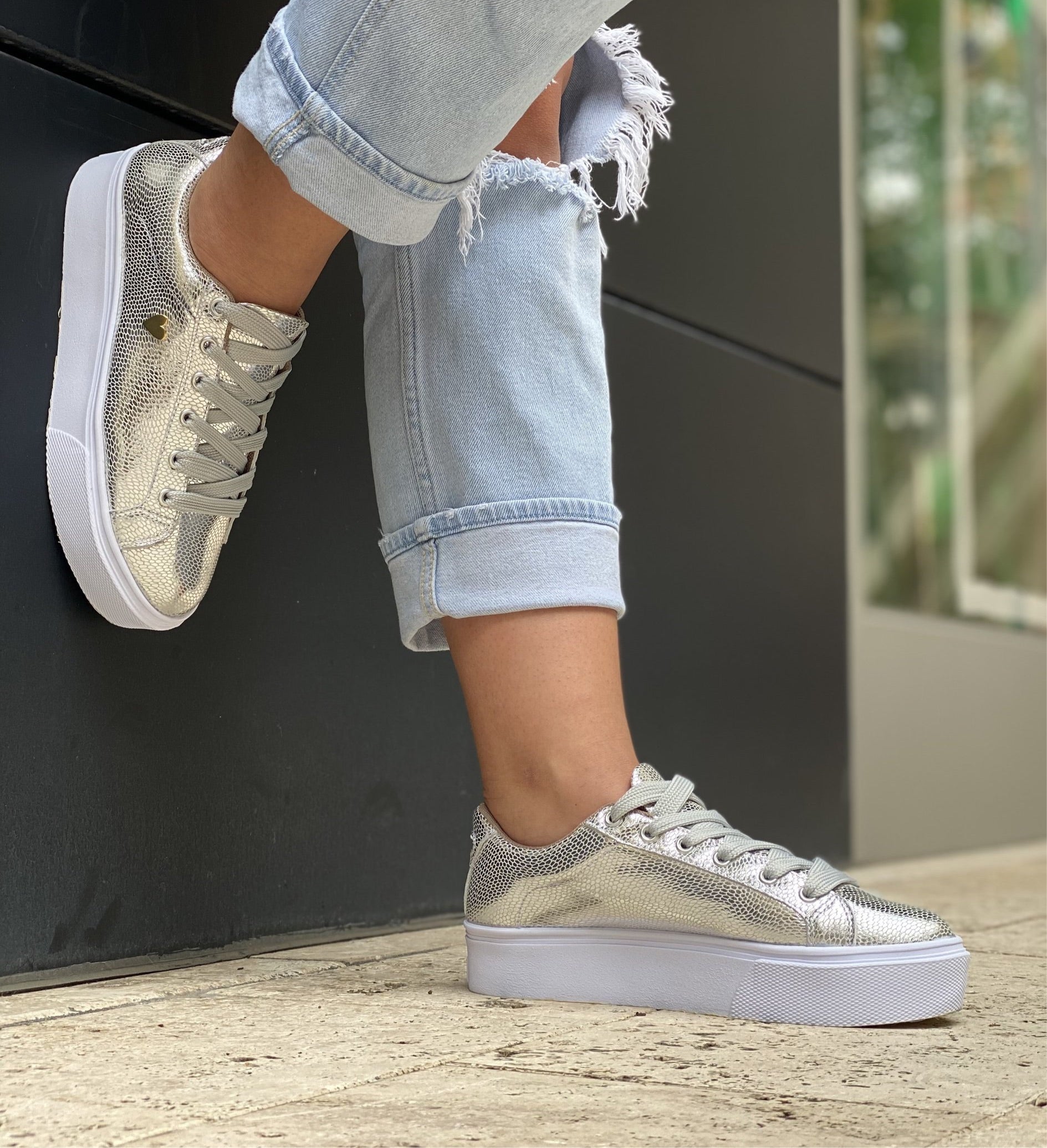 Carmina Sneakers - Silver By Nataly Mendez Genuine leather upper material, Genuine leather insole lining, Rubber platform lining, American sizes, Flexible rubber outsole, Handcrafted 1.5 inch heel height 1 inch platform