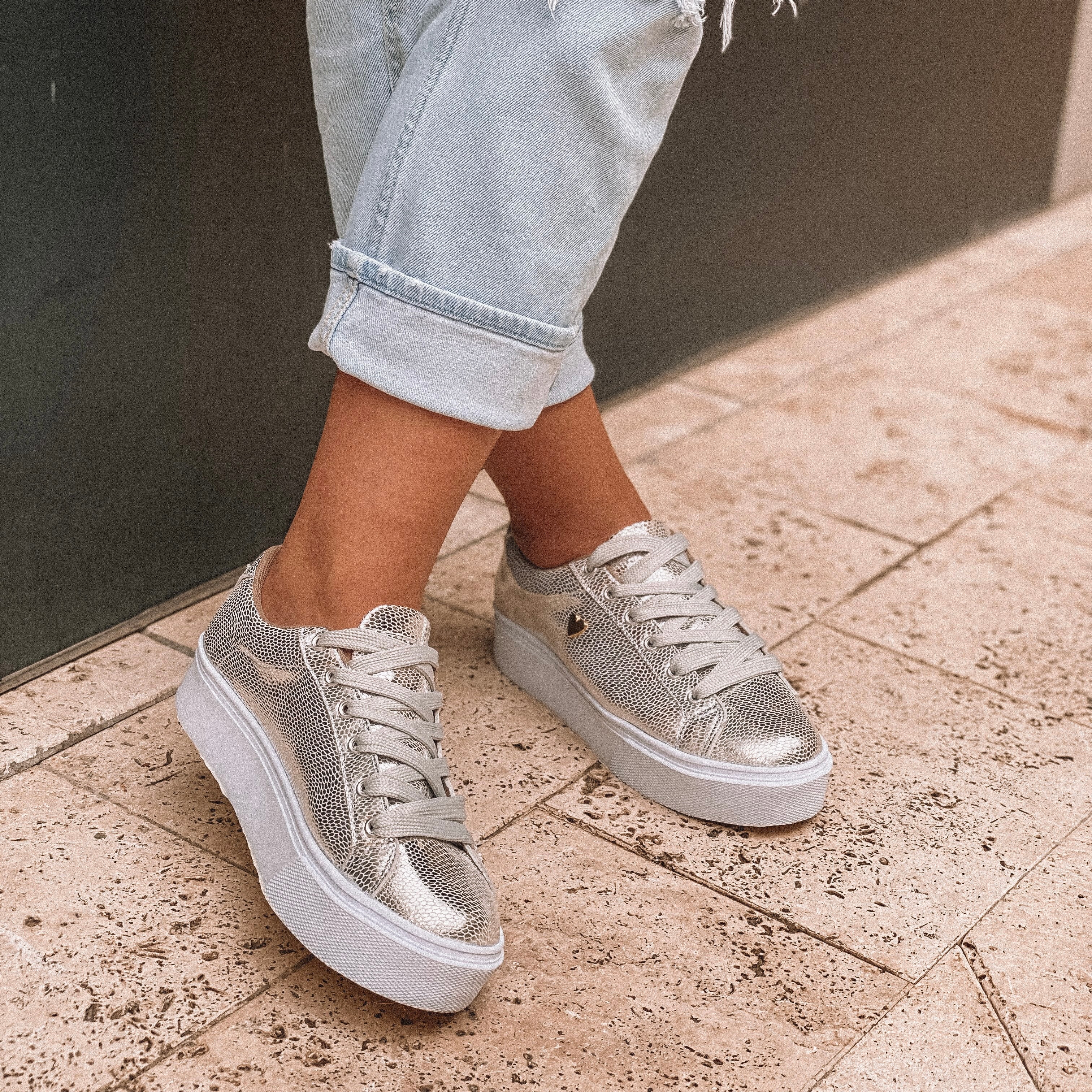 Carmina Sneakers - Silver By Nataly Mendez Genuine leather upper material, Genuine leather insole lining, Rubber platform lining, American sizes, Flexible rubber outsole, Handcrafted 1.5 inch heel height 1 inch platform