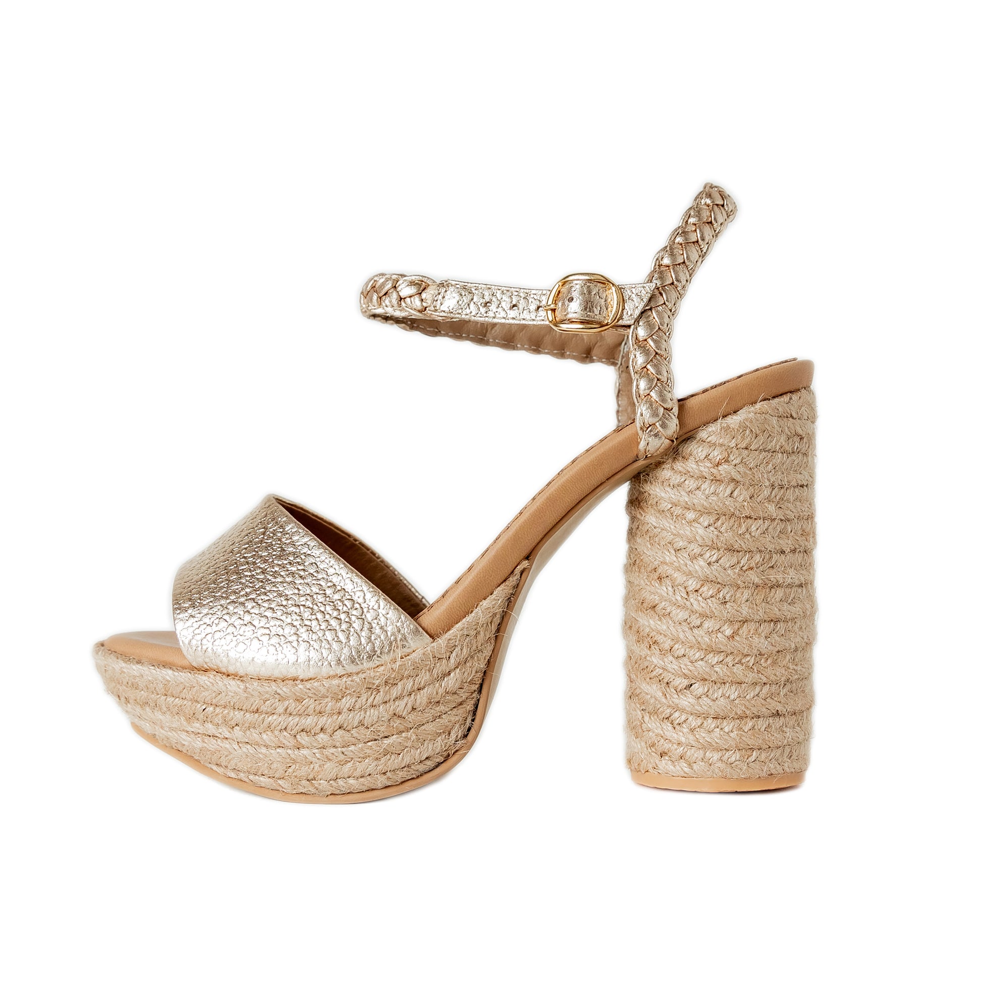 Eugene Gold Sandals by Nataly Mendez Platform made of jute Leather upper Adjustable Insole made of leather Hand made 5 inch heel height 1,5 inch platform