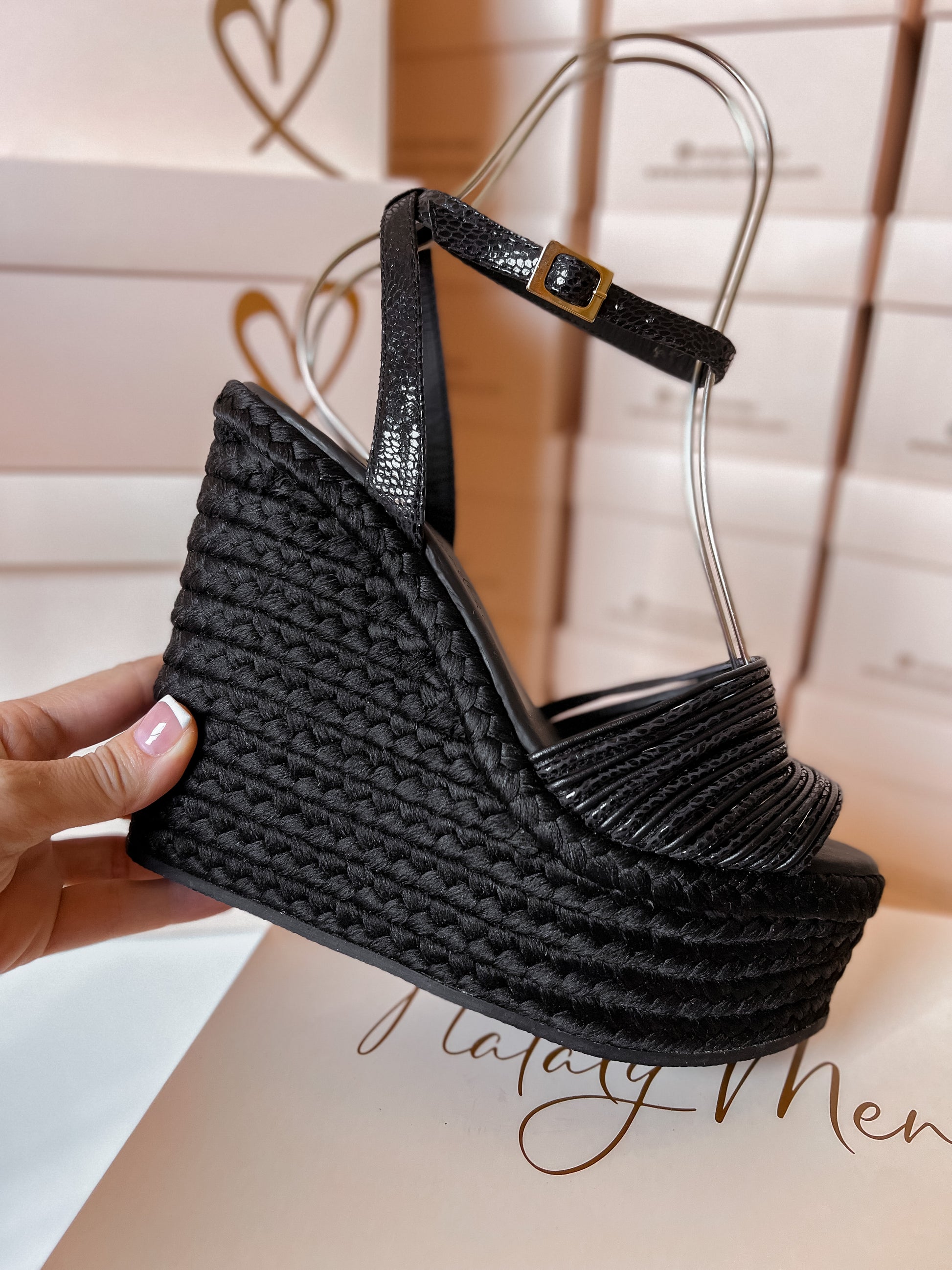 Holly Black Espadrilles by Nataly Mendez Upper material genuine leather Genuine leather insole lining Flexible rubber sole Handmade 5.5 inch high heel 2.5 inch platform
