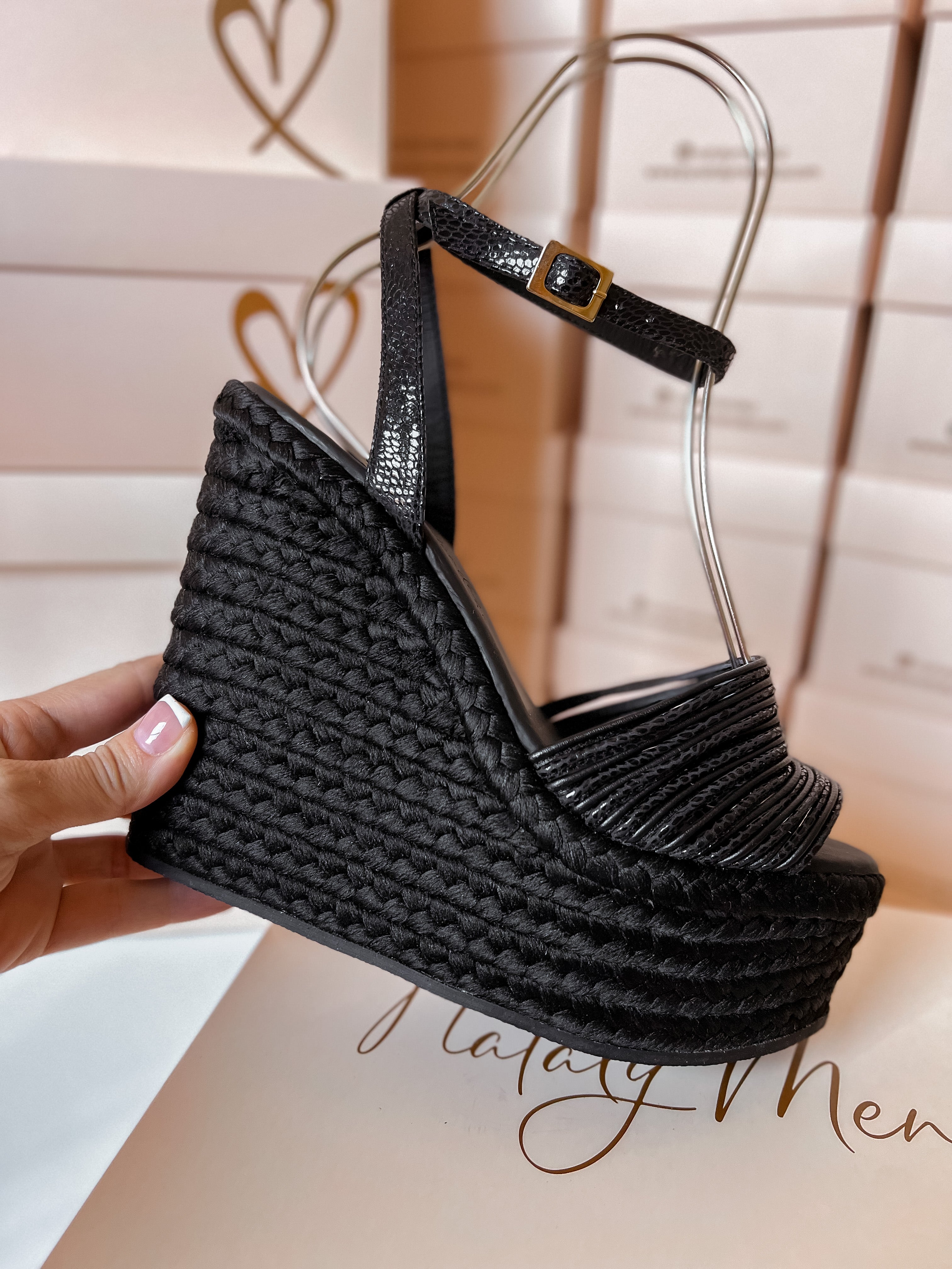 Holly Black Espadrilles by Nataly Mendez, Upper material genuine leather Genuine leather insole lining Flexible rubber sole Handmade 5.5 inch high heel 2.5 inch platform