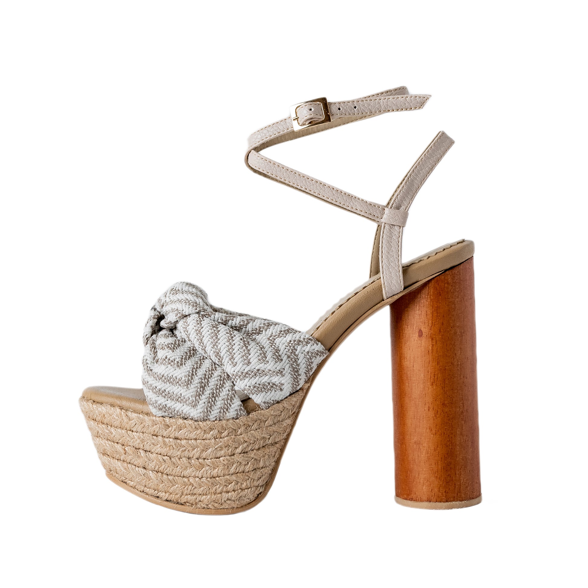 Sandal Lenna Sculptural by Nataly Mendez. Cylindrical wooden heel Platform lined with natural jute Fabric upper Genuine leather back. Handmade 5.25 inch heel height 1.75 inch platform