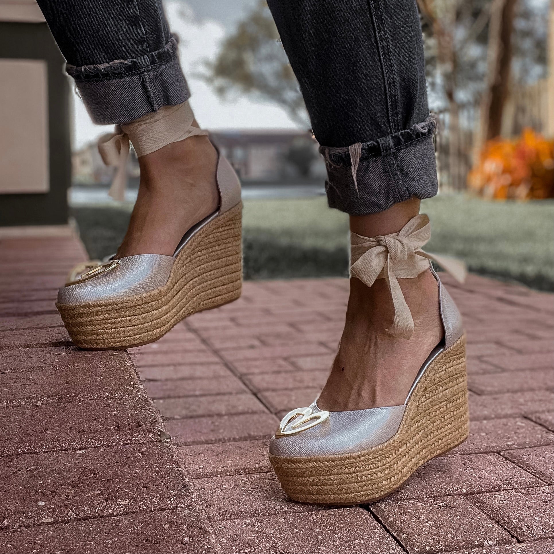 Love Espadrilles - Silver Dual by Nataly Mendez, Natural jute base Genuine leather upper Genuine leather insole. 100% made in Colombia! 4 inch heel height 1.75 inch platform Comes with strap closure and beige hiladilla laces.