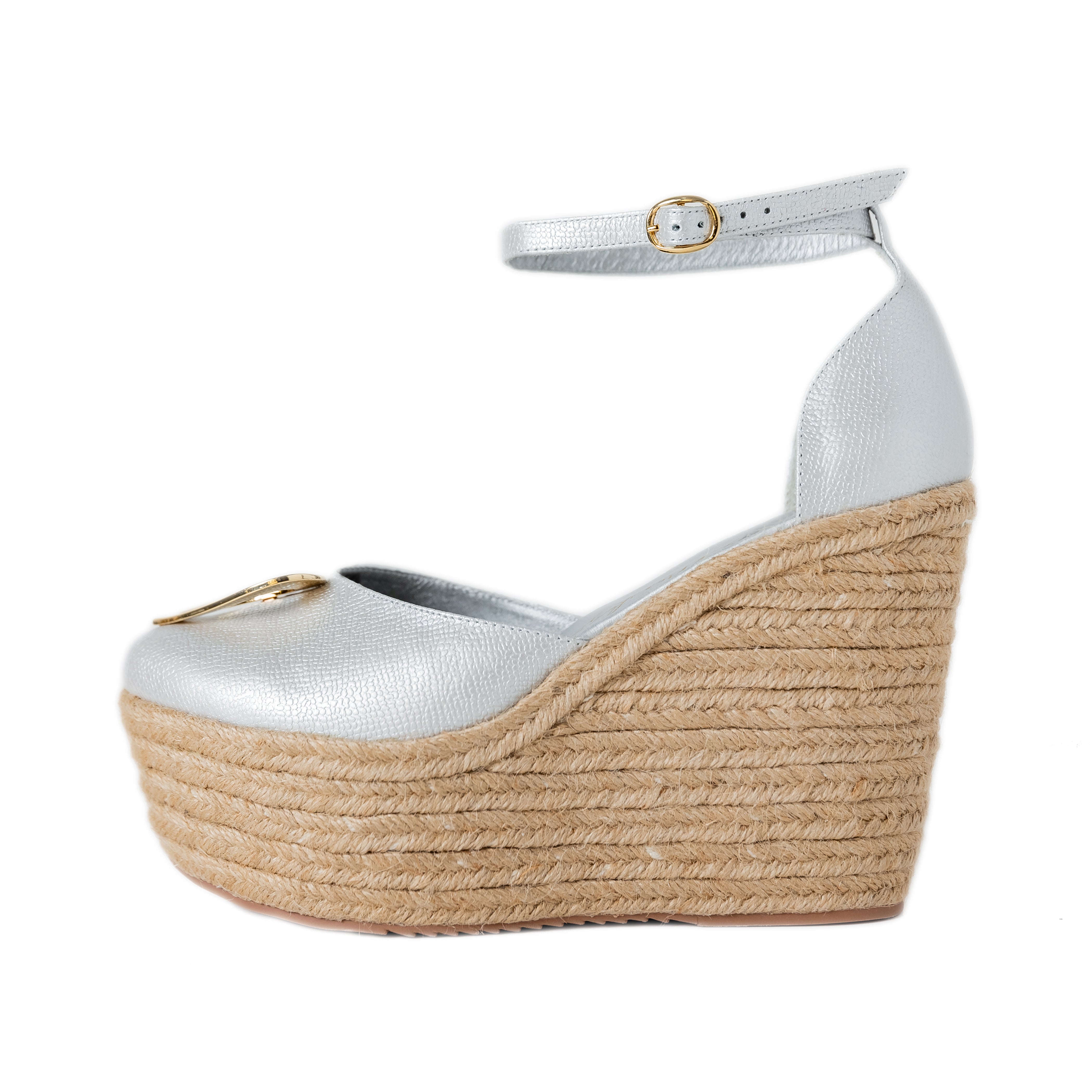 Love Espadrilles - Silver Dual by Nataly Mendez, Natural jute base Genuine leather upper Genuine leather insole. 100% made in Colombia! 4 inch heel height 1.75 inch platform Comes with strap closure and beige hiladilla laces.