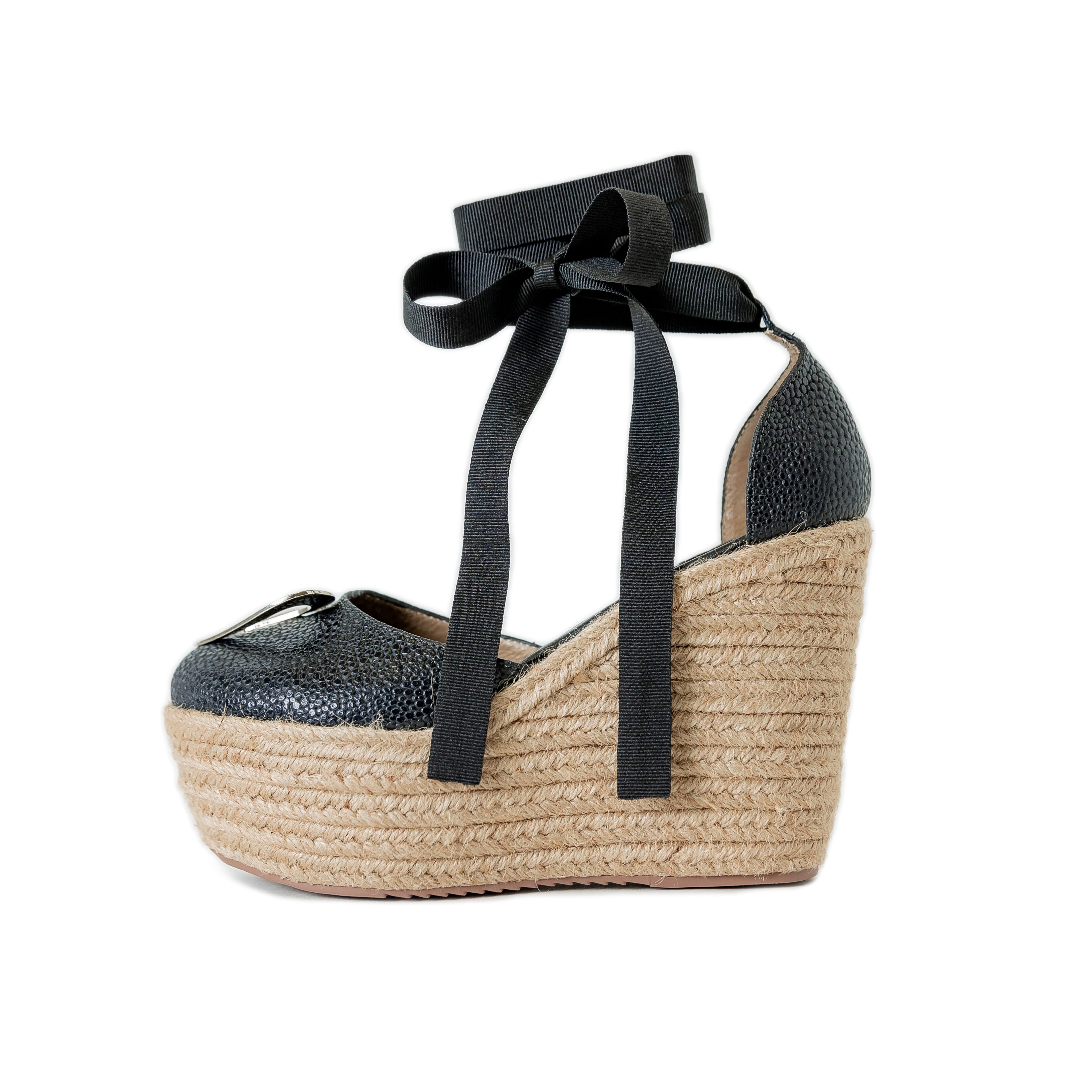 Love Espadrilles - Black Dual by Nataly Mendez, Natural jute base Genuine leather upper Genuine leather insole. 4 inch heel height 1.75 inch platform Comes with strap closure and beige hiladilla laces.