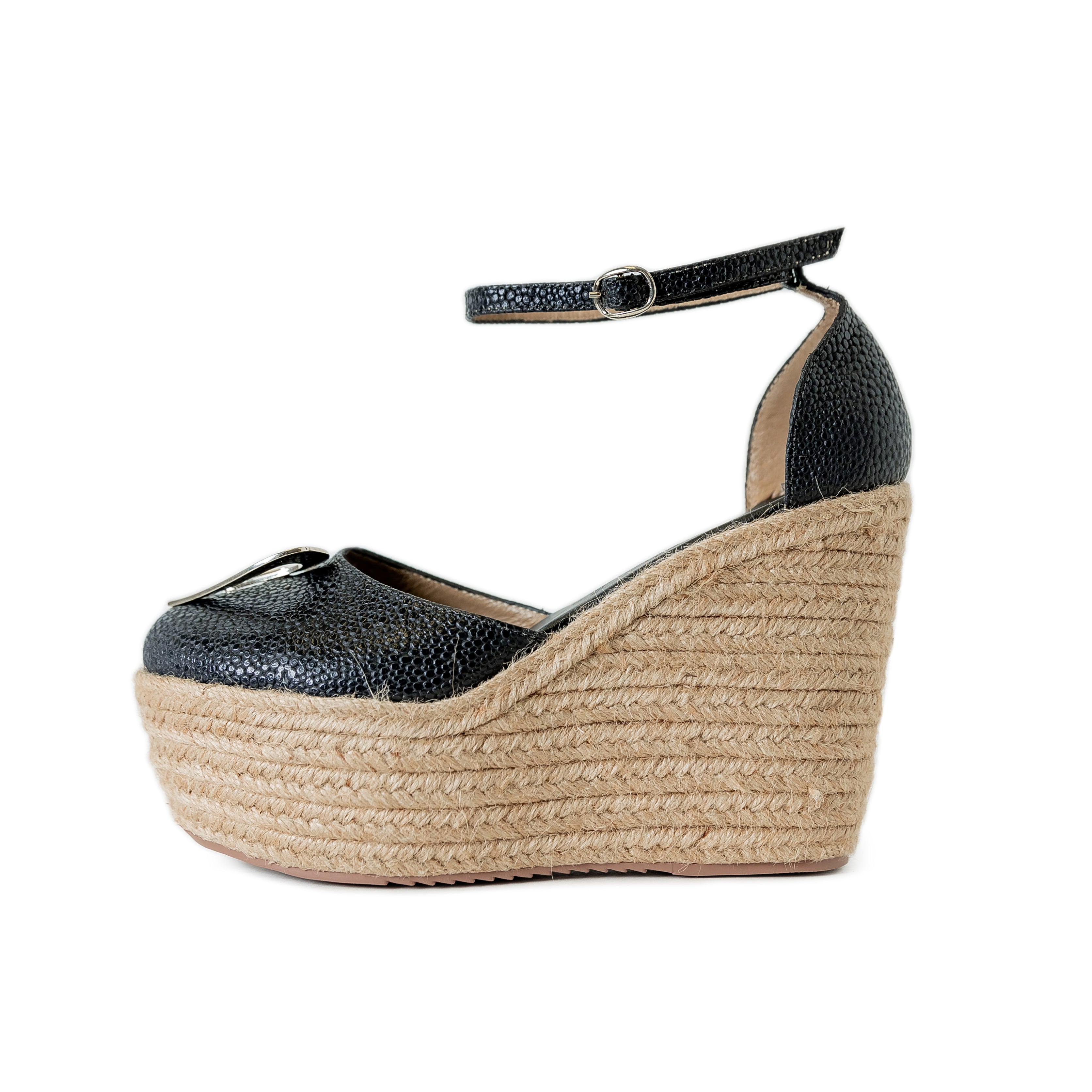 Love Espadrilles - Black Dual by Nataly Mendez, Natural jute base Genuine leather upper Genuine leather insole. 4 inch heel height 1.75 inch platform Comes with strap closure and beige hiladilla laces.