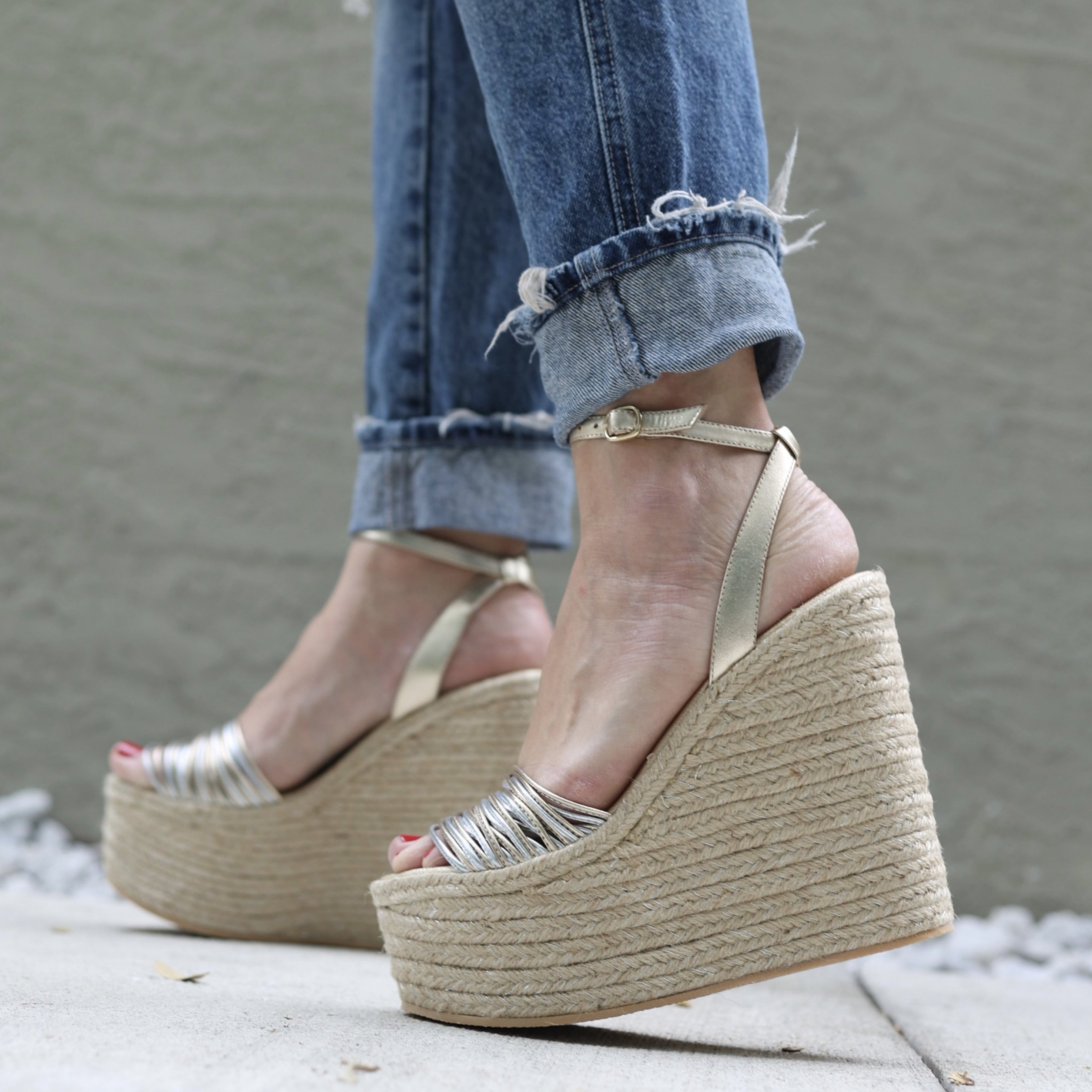 Holly Espadrilles by Nataly Mendez, Genuine leather upper material Adjustable Genuine leather insole lining Flexible rubber sole Handmade 5.5 inch high heel 2.5 inch platform